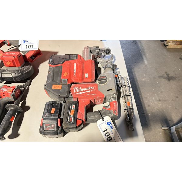 MILWAUKEE FUEL M18 CORDLESS AVS HAMMER DRILL WITH HAMMERVAC ATTACHMENT, 2 BATTERIES, DRILL BITS, &