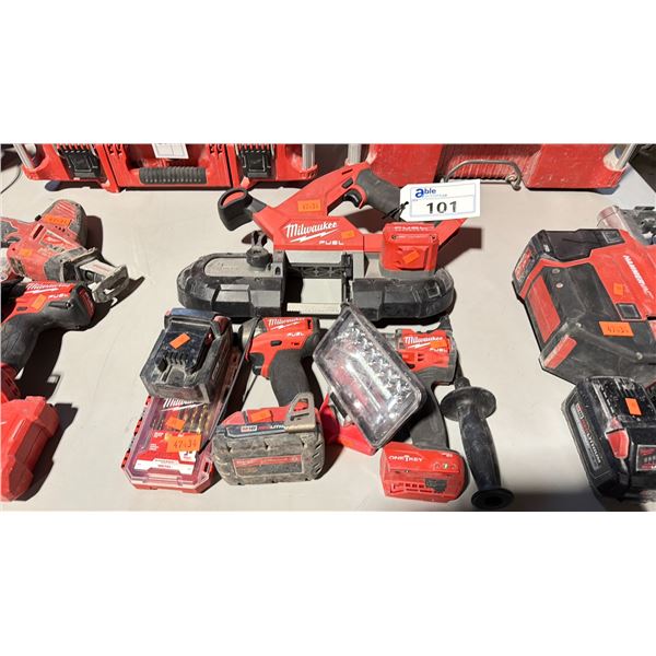 ASSORTED MILWAUKEE M18 CORDLESS POWER TOOLS INCLUDING: MILWAUKEE DRILL, MILWAUKEE IMPACT GUN,