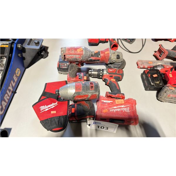ASSORTED MILWAUKEE M18 CORDLESS POWER TOOLS INCLUDING: MILWAUKEE DRILL, 2 MILWAUKEE IMPACT GUNS,