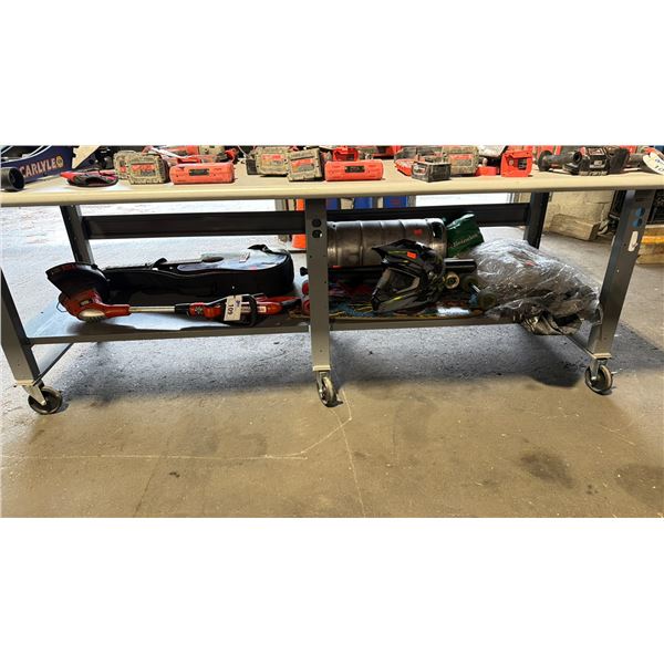 BLACK & DECKER CORDLESS WEED EATER WITH BATTERY, ACOUSTIC GUITAR IN CASE, 2 LONG BOARDS, HELMET,