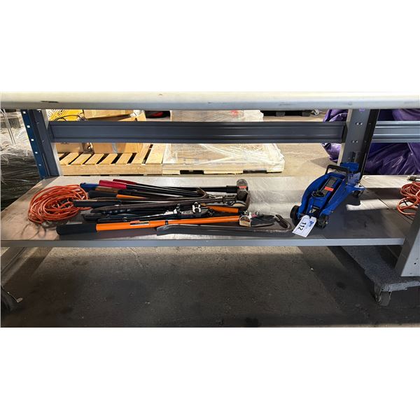 SHELF OF ASSORTED LARGE TOOLS, EXTENSION CORD, PRY BARS, BOLT CUTTERS, & MOBILE HYDRAULIC FLOOR