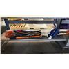 Image 1 : SHELF OF ASSORTED LARGE TOOLS, EXTENSION CORD, PRY BARS, BOLT CUTTERS, & MOBILE HYDRAULIC FLOOR