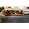 Image 2 : SHELF OF ASSORTED LARGE TOOLS, EXTENSION CORD, PRY BARS, BOLT CUTTERS, & MOBILE HYDRAULIC FLOOR