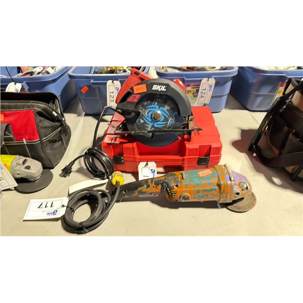 SKIL ELECTRIC CIRCULAR SAW, MAKITA ELECTRIC INDUSTRIAL ANGLE GRINDER, & HEAVY DUTY JUMPER CABLES IN