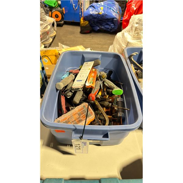 BLUE PLASTIC BIN OF ASSORTED HAND TOOLS *BIN INCLUDED&
