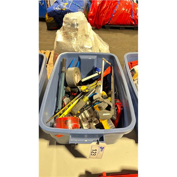 BLUE PLASTIC BIN OF ASSORTED HAND TOOLS *BIN INCLUDED&