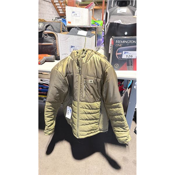 NEW BALANCE GREEN SIZE MED PUFFER JACKET & BOX OF SIZE SMALL / MED BLACK EXTRA STRETCH ACTIVE