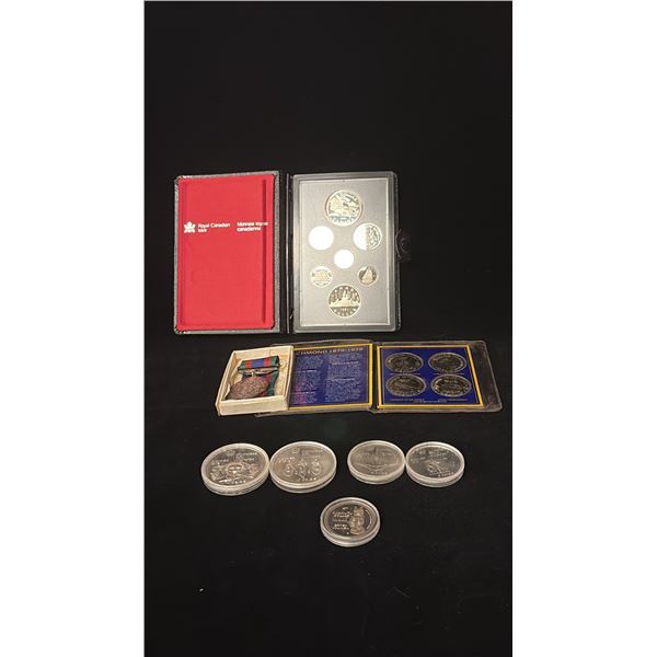WWII MILITARY SERVICE MEDAL, FIVE 1976 MONTREAL OLYMPICS SILVER COINS, 1981 CANADA MINT COIN SET ...