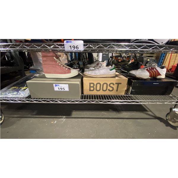 9 PAIRS OF ASSORTED STYLE / SIZE USED VINTAGE COLLECTOR SHOES *AUTHENTICITY UNKNOWN* & STACK OF 9