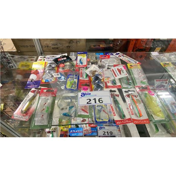 ASSORTED NEW RETAIL FISHING HOOKS, SPINNERS, BOBS, & PACKAGED TACKLE ITEMS