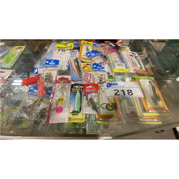ASSORTED NEW RETAIL FISHING HOOKS, SPINNERS, BOBS, & PACKAGED TACKLE ITEMS