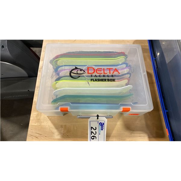 DELTA TACKLE FISHING FROSTED PLASTIC SPINNER STORAGE BOX WITH ASSORTED PRO FISHING SPINNERS