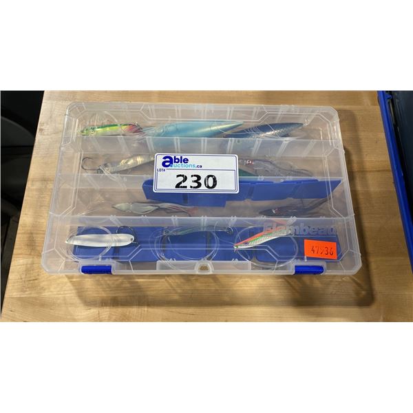 FLAMBEAU CLEAR PLASTIC SORTING CASE WITH ASSORTED NEW FISHING LURES / HOOKS / SPINNERS *SORTING CASE