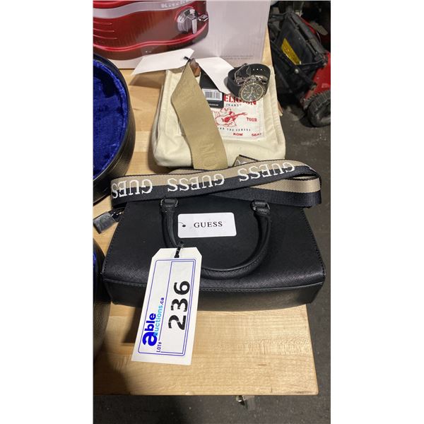 GUESS BLACK WOMENS PURSE, TRUE RELIGION WOMENS CANVAS PURSE, & OMEGA SPEEDMASTER MENS WATCH