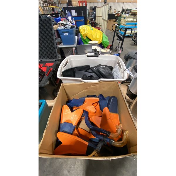 BOX & BIN OF ASSORTED CHILDRENS RUBBER FLIPPERS / SNORKELS *BIN INCLUDED*
