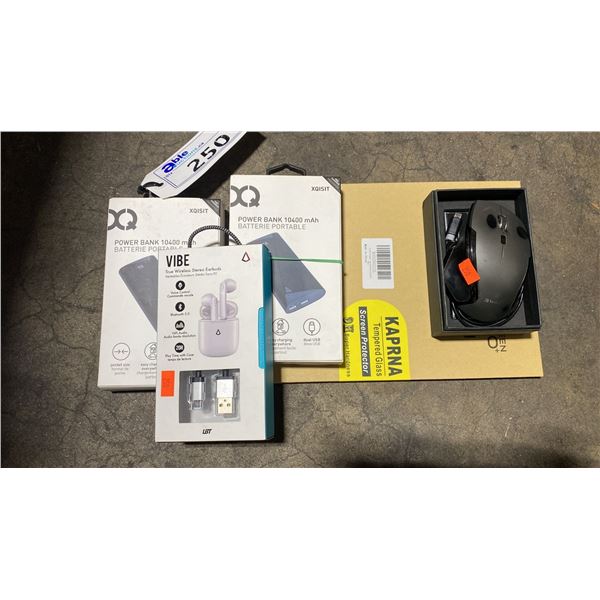 VIBE WIRELESS EARBUDS, 3 VARIOUS PORTABLE POWER BANKS, WIRELESS MOUSE & TABLET PROTECTIVE GLASS