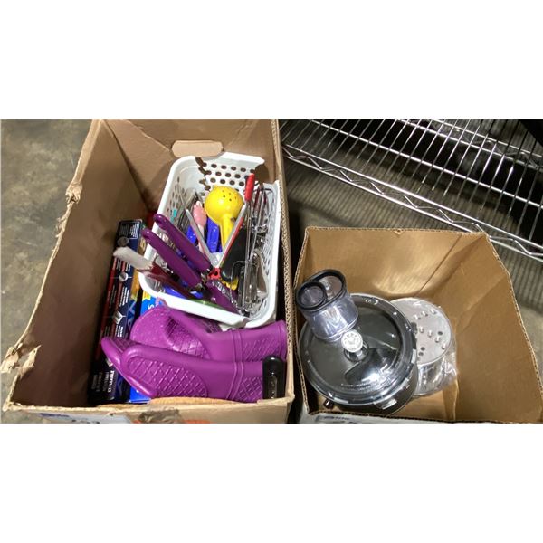 KITCHENAID STAND MIXER FOOD PROCESSOR ATTACHMENT WITH NO BLADES & BOX OF ASSORTED NEW KITCHEN ITEMS