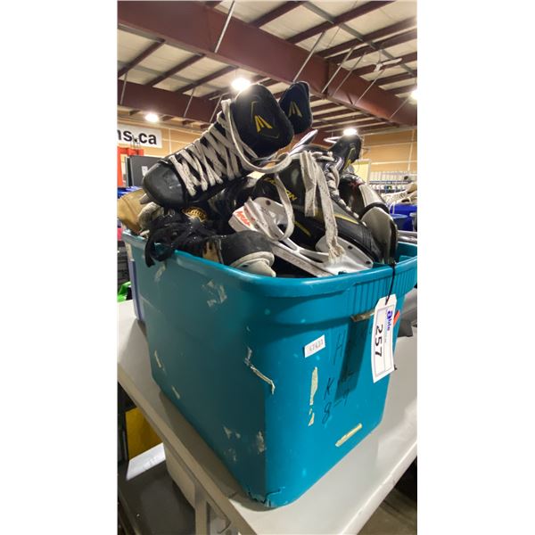 PLASTIC BIN OF ASSORTED PAIRS OF RENTAL HOCKEY ICE SKATES *BIN INCLUDED*
