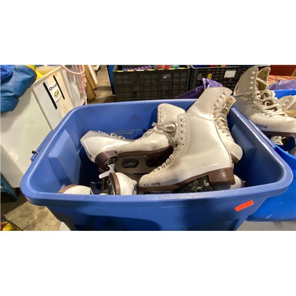 PLASTIC BIN OF ASSORTED PAIRS OF RENTAL LADIES ICE SKATES *BIN INCLUDED*