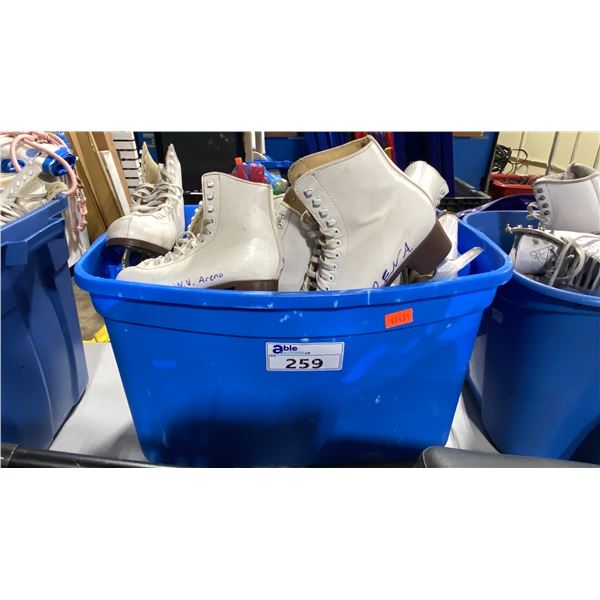 PLASTIC BIN OF ASSORTED PAIRS OF RENTAL LADIES ICE SKATES *BIN INCLUDED*