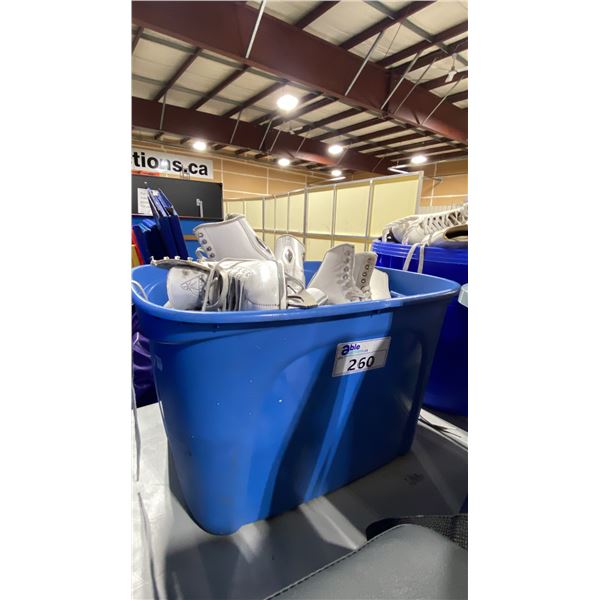 PLASTIC BIN OF ASSORTED PAIRS OF RENTAL LADIES ICE SKATES *BIN INCLUDED*