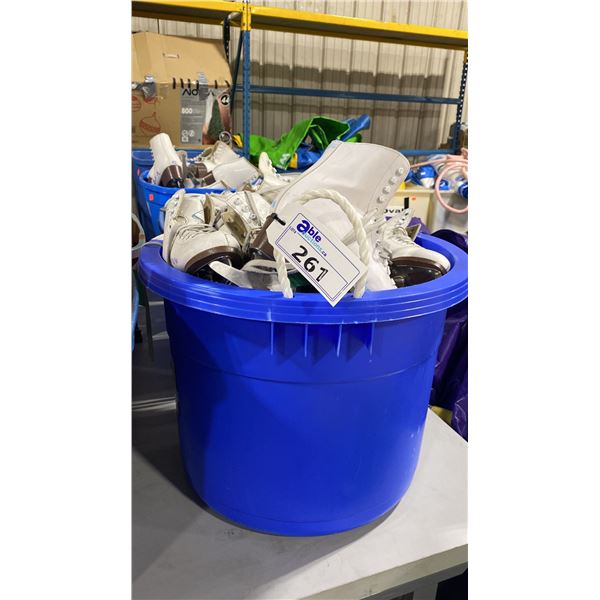 PLASTIC BIN OF ASSORTED PAIRS OF RENTAL LADIES ICE SKATES *BIN INCLUDED*