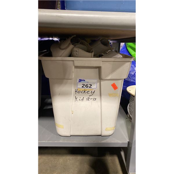 PLASTIC BIN OF ASSORTED PAIRS OF RENTAL LADIES ICE SKATES *BIN INCLUDED*