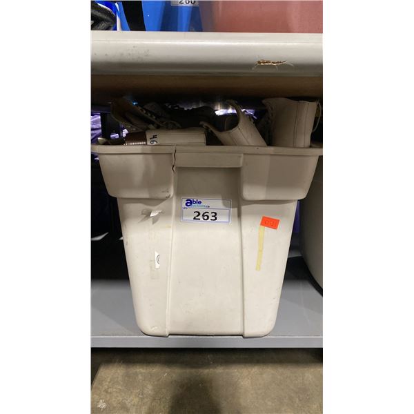 PLASTIC BIN OF ASSORTED PAIRS OF RENTAL LADIES ICE SKATES *BIN INCLUDED*