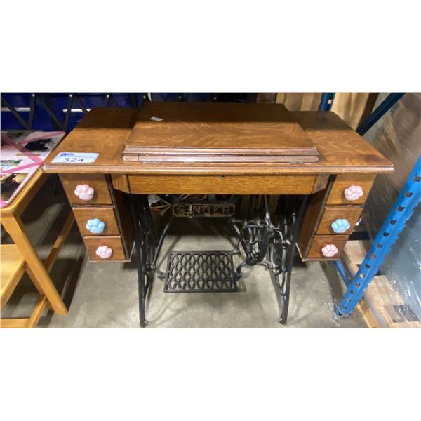 VINTAGE SINGER SEWING MACHINE CABINET WITH PADDED CAT PAW CHAIR