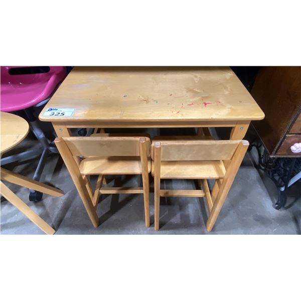 NATURAL WOOD CHILDRENS TABLE WITH 2 CHAIRS, NATURAL WOOD OVAL SIDE TABLE, PINK ROLLING CHAIR &