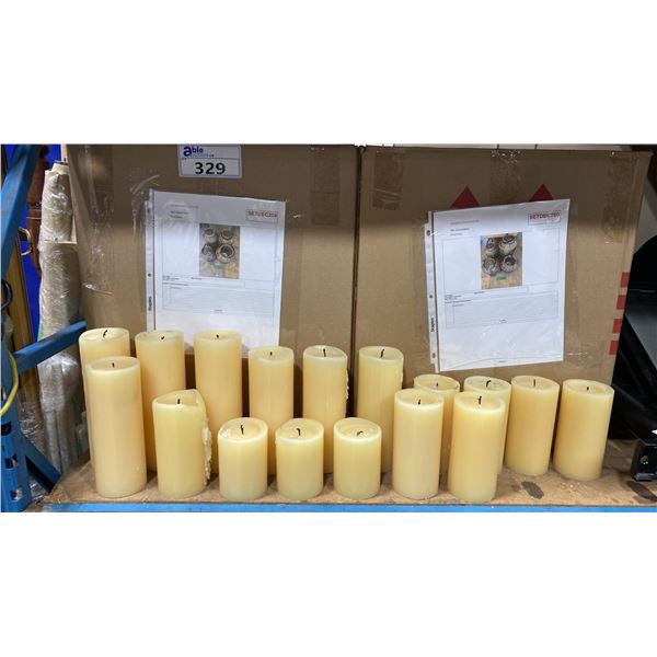 2 BOXES OF WICKER AND METAL CANDLE BASKETS WITH ASSORTED CANDLES