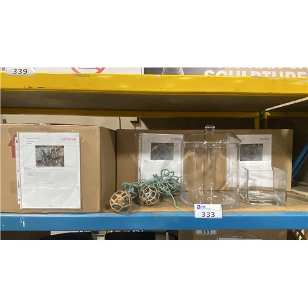 3 BOXES OF ASSORTED GLASS JARS, GLASS VASE & DECORATIVE GLASS BALLS