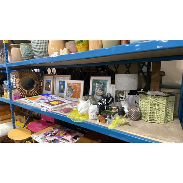 SHELF OF ASSORTED CAT ARTWORK, CLOCKS & ASSORTED CAT DECOR ITEMS