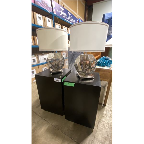 2 BLACK WOODEN PEDESTALS WITH PAIR OF CHROME MODERN DECORATIVE LAMPS