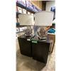 Image 1 : 2 BLACK WOODEN PEDESTALS WITH PAIR OF CHROME MODERN DECORATIVE LAMPS