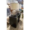 Image 2 : 2 BLACK WOODEN PEDESTALS WITH PAIR OF CHROME MODERN DECORATIVE LAMPS