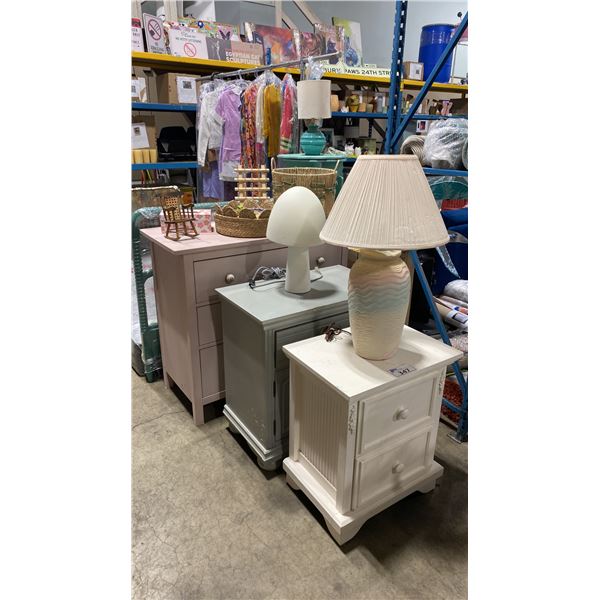 WHITE 2 DRAWER END TABLE, GREY SINGLE DRAWER 2 DOOR NIGHT TABLE & PINK 3 DRAWER DRESSER WITH LAMP &