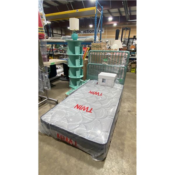 TEAL WOODEN BEDFRAME WITH MATTRESS, PAIR OF LAMPS & ROUND BOOKSHELF