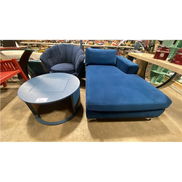 BLUE MICROFIBER CHAISE LOUNGE, BLUE MICROFIBER SHELL CHAIR & BLUE ROUND COCKTAIL TABLE