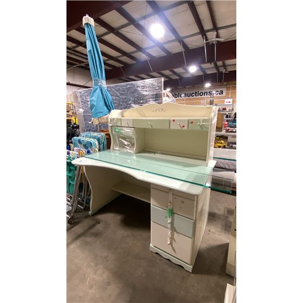 WASHED WOOD 3 DRAWER VANITY DESK WITH HUTCH & MODERN GLASS BOOKCASE