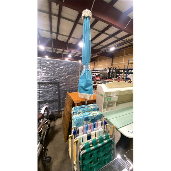 VINTAGE OUTDOOR PATIO UMBRELLA, FLOWER CUSHIONS, FOLDING CHAIRS & CHROME MOBILE BEVERAGE CART