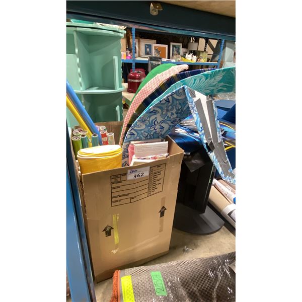 BOX OF WRAPPING PAPER, FABRICS, POSTERS & BLACK MODERN PEDESTAL