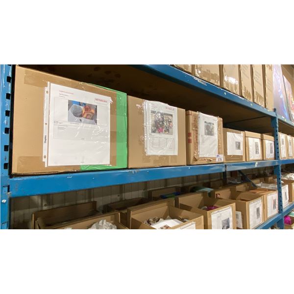 SHELF OF ASSORTED STUFFED ANIMALS, BASKETS & DECOR ITEMS