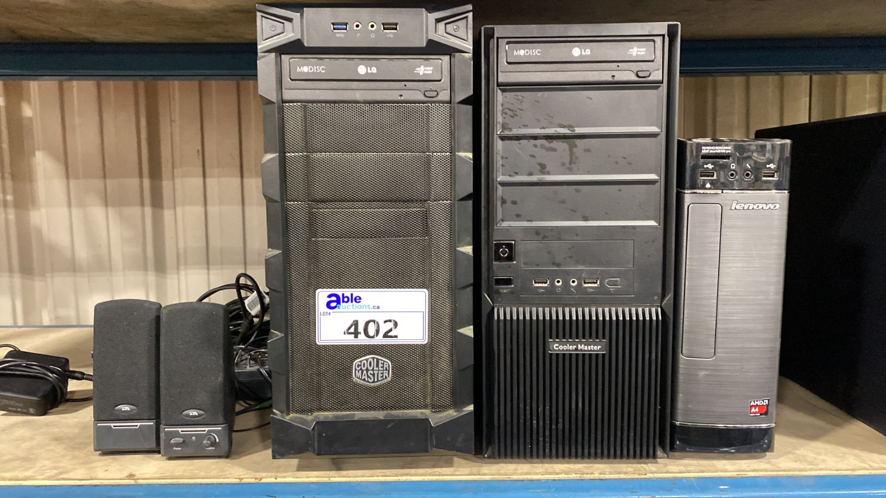 2- COOLERMASTER COMPUTER TOWERS & 1- LENOVO AMDA4 COMPUTER TOWER WITH ...