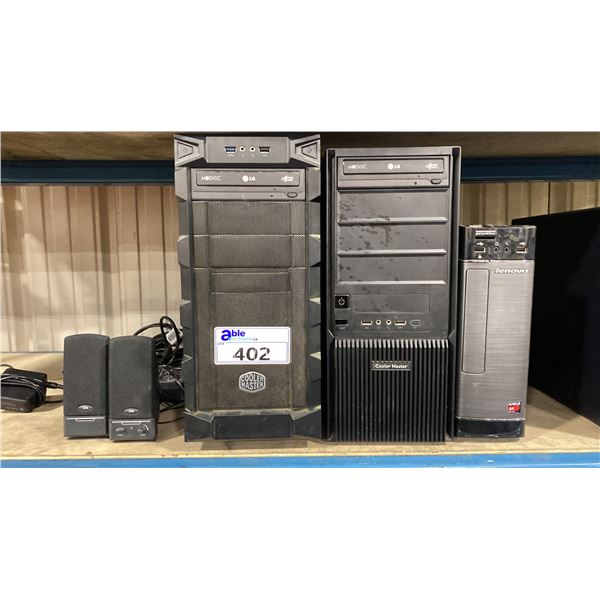 2- COOLERMASTER COMPUTER TOWERS & 1- LENOVO AMDA4 COMPUTER TOWER WITH ASSORTED CABLES & SPEAKERS,
