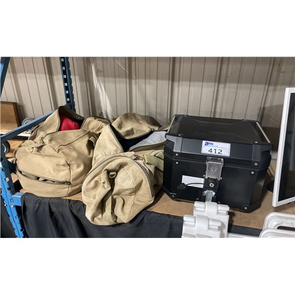 TRIUMPH BLACK METAL STORAGE BOX & 2 CANVAS BAGS WITH ASSORTED SLEEPING BAGS
