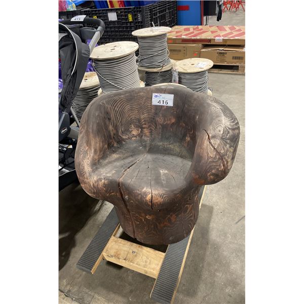 SOLID DARK WOOD DECORATIVE KNOT CHAIR 30"W X 24"D X 25"H  *4 WHEEL CART NOT INCLUDED*