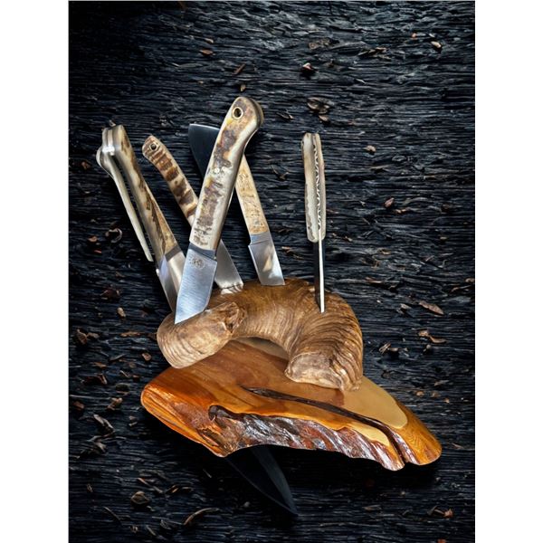 6 piece Sheep Horn Steak Knife Set with Custom 3d printed Sheep Horn and Juniper Stand.