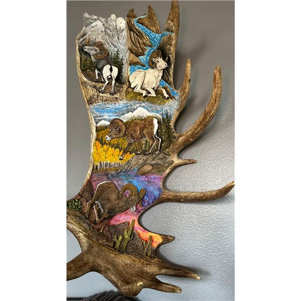 Custom Moose Paddle Carving Featuring 4 Bighorn Sheep