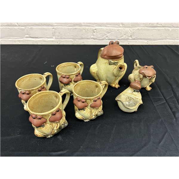 Ceramic Frog Tea Set Pot, Cream Pitcher, 4 Mugs, Bowl